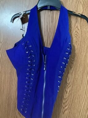 Deep Blue Lace-Up Halter Zip Front Women's Top